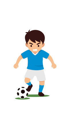 This vector illustration shows a boy in a blue shirt and white shorts playing soccer with a ball on a green patch, energetic mood.のイラスト素材