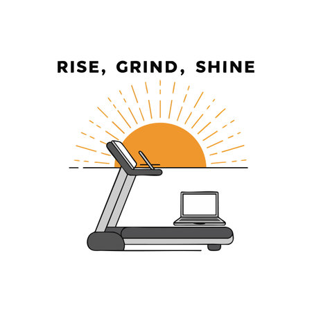 Vector shows a treadmill with a laptop and sunrise behind it, featuring the motivational quote rise...