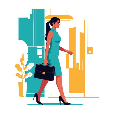 Businesswoman in teal dress walks confidently with briefcase in modern office environment with yellow and teal decor, inspiring mood.のイラスト素材