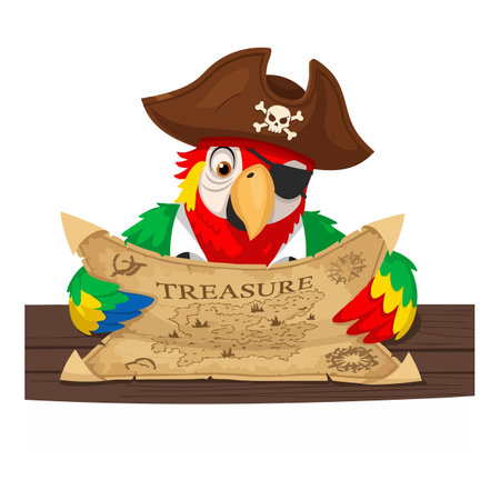 Pirate parrot with colorful feathers and eye patch holds an old treasure map on wooden table in vibrant style, playful mood.のイラスト素材