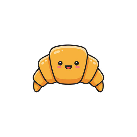 This vector features a cute croissant with smiling face and rosy cheeks in a cheerful style, perfect for fun and friendly designs.のイラスト素材