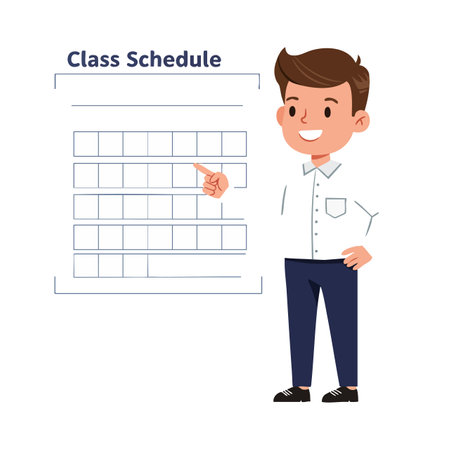 Illustration shows a young man pointing at a blank class schedule chart, conveying education and organization in a cheerful mood.のイラスト素材