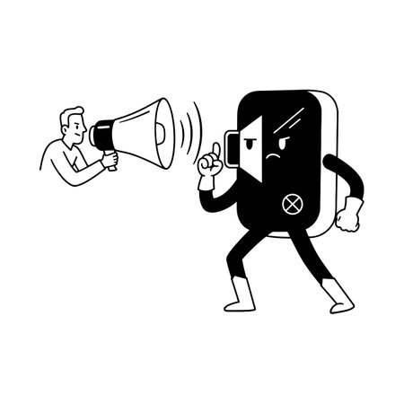 Illustration shows a person shouting into a megaphone aimed at an angry mobile phone character raising a finger, illustrating communication conflict. Dramatic mood.のイラスト素材