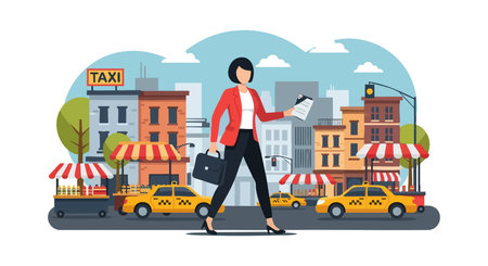 Woman in red jacket walks confidently with briefcase and document among taxis and city buildings in a bright urban setting. Energetic mood.のイラスト素材
