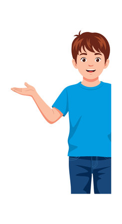Illustration shows a boy wearing a blue t-shirt and jeans presenting with an open hand in portrait orientation. Friendly mood.のイラスト素材