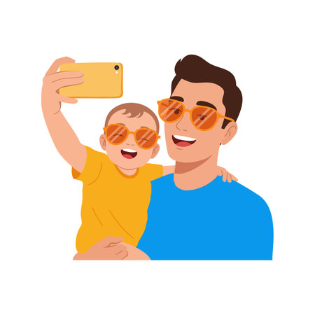 Father holds baby son wearing orange sunglasses and matching colorful clothes while taking a selfie, showing joyful and playful bonding moment.のイラスト素材