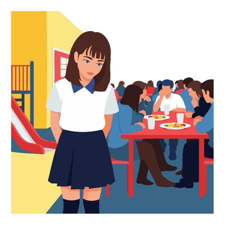 Illustration shows a sad schoolgirl standing apart from classmates eating and chatting at lunchroom with warm lighting and muted colors, thoughtful mood.のイラスト素材