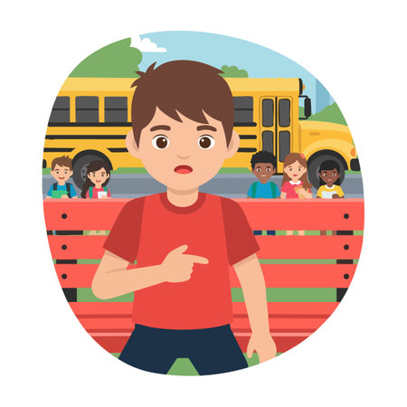 Illustration shows a boy in red shirt pointing with a school bus and diverse children sitting on a bench behind him, bright and lively.のイラスト素材