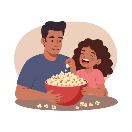 Illustration shows a father and daughter happily sharing a red bowl of popcorn, enjoying snack time together in a cozy setting. Cheerful mood.のイラスト素材