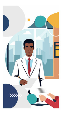 Illustration shows male doctor in white coat consulting patient across desk in office with city skyline background, professional atmosphere. Calm mood.のイラスト素材