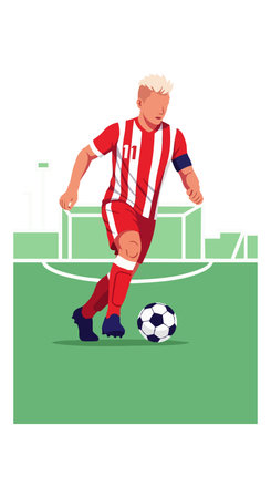 Illustration shows a male soccer player with blond hair wearing red and white stripes controlling a soccer ball on a green field in portrait view. Energetic mood.のイラスト素材