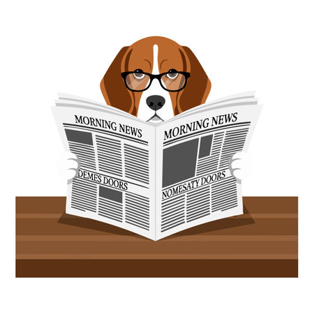 Beagle dog wearing glasses reads morning news newspaper while sitting at a wooden table in a calm and focused mood.のイラスト素材
