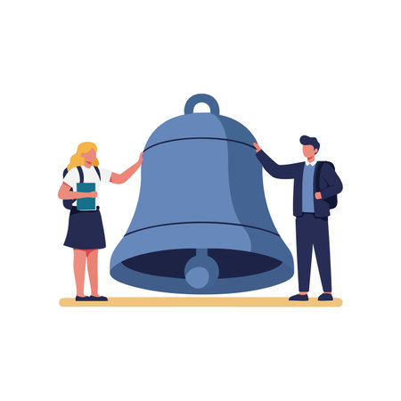 Illustration shows a man and woman in business clothing standing next to a large blue bell, symbolizing communication or alert, calm mood.のイラスト素材