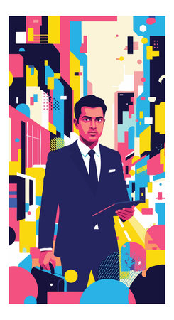 Illustration shows a businessman holding a briefcase and tablet walking through a vibrant cityscape...