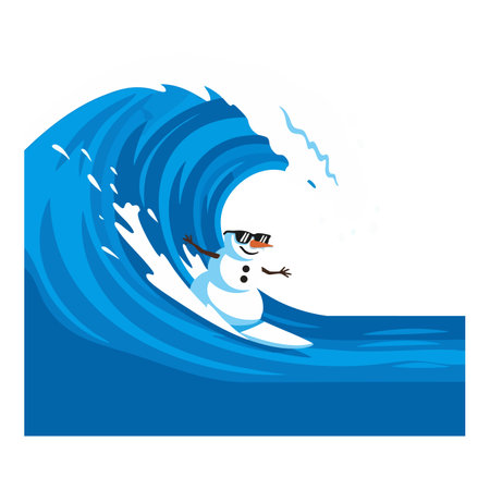This vector illustration shows a snowman surfing a giant blue wave with sunglasses and seagulls flying nearby, creating a playful mood.のイラスト素材