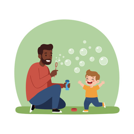 Father kneels blowing bubbles while toddler son joyfully reaches out to pop them in an outdoor scene with green backdrop. Playful mood.のイラスト素材