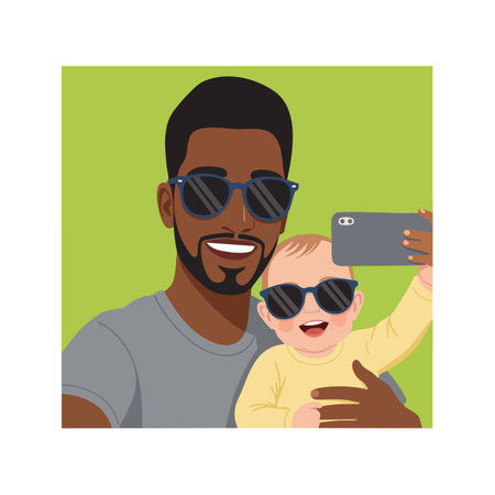 Illustration shows a father holding his baby as they smile and take a selfie together, both wearing sunglasses on a green background. Joyful mood.のイラスト素材