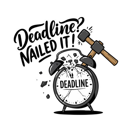 This vector illustration shows an alarm clock labeled deadline being smashed by a hammer, symbolizing success and breaking time limits. Motivational and energetic.のイラスト素材