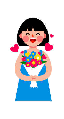 Illustration shows a girl happily holding a colorful bouquet with hearts around, conveying joy and love in a bright style. Cheerful mood.のイラスト素材