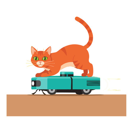 Illustration shows an orange cat standing and riding a teal robotic vacuum cleaner on a brown floor in a playful mood.のイラスト素材