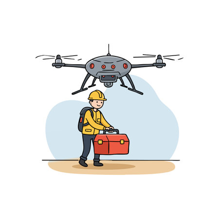 Illustration shows a construction worker carrying a red toolbox while a drone flies overhead delivering equipment, creating a modern work scene, dynamic mood.のイラスト素材