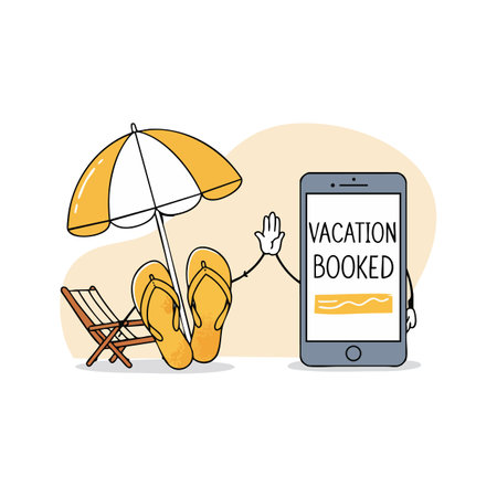 Illustration shows flip flops under umbrella and chair with phone displaying vacation booked message in warm tone, cheerful mood.のイラスト素材