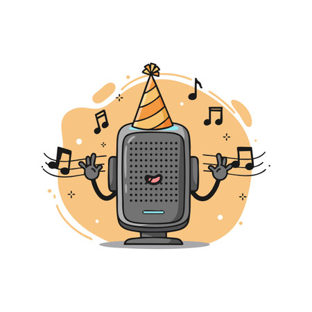 Vector illustration shows a cartoon microphone character wearing a party hat surrounded by music notes, creating a festive and lively mood.のイラスト素材