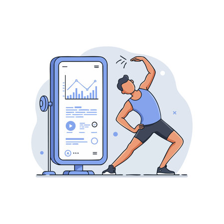 A man stretches his body alongside a large smartphone displaying fitness and health data, illustrating exercise tracking and wellness in a modern setting. Calm mood.のイラスト素材