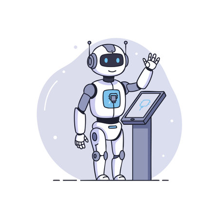 Illustration of a friendly humanoid robot waving hand next to a touchscreen kiosk in a futuristic technology environment, bright and welcoming mood.のイラスト素材