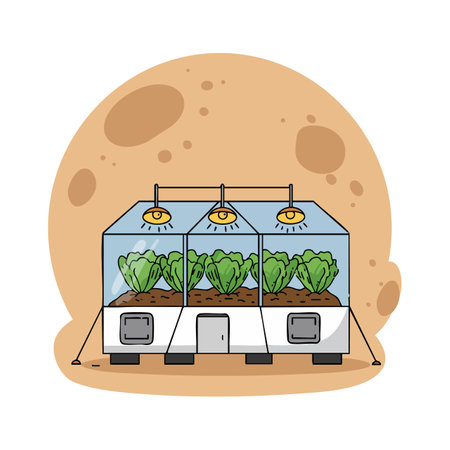 Vector illustration shows indoor hydroponic vegetable growing system with artificial lights and moon in background, depicting futuristic agriculture concept. Calm.のイラスト素材