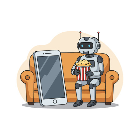 Robot sits on an orange couch holding popcorn beside an oversized smartphone in a casual setting, creating a playful and cozy atmosphere.のイラスト素材