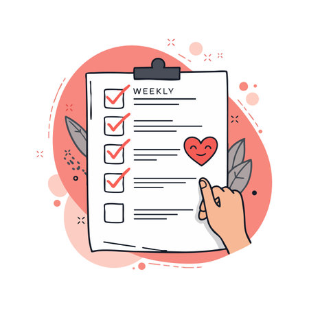 Illustration shows a hand holding a weekly checklist with red checkmarks and a heart icon on a pink abstract background, conveying organization mood.のイラスト素材