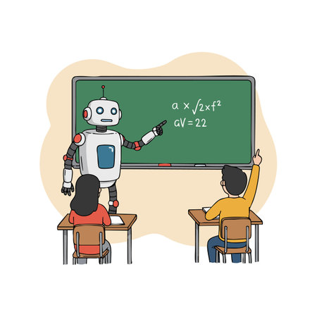 Robot instruction math formulas on chalkboard while two students sit at desks, one raising hand in classroom setting, educational and engaging mood.のイラスト素材