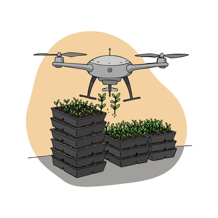 Drone hovers over stacked seedling trays planting new seedlings, showcasing modern agricultural technology in bright natural light, optimistic mood.のイラスト素材
