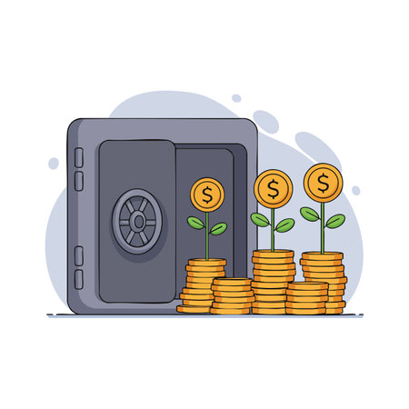Illustration shows a safe with stacks of coins and money plants growing from them, symbolizing investment growth and financial security calm.のイラスト素材