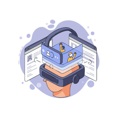Person wearing virtual reality headset interacts with holographic social media profiles and videos in a futuristic digital environment, immersive and modern.のイラスト素材