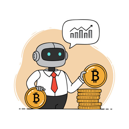 Robot businessman holds bitcoin coins with a financial growth chart symbolizing cryptocurrency investment and digital finance confident mood.のイラスト素材