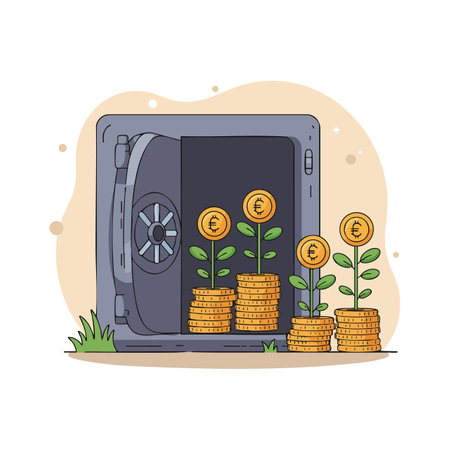 Illustration shows a safe deposit box with euro coin plants growing from coin stacks symbolizing financial growth and investment success in a calm setting.のイラスト素材
