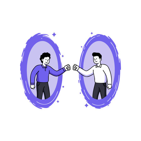 Illustration shows two men fist bumping through purple portals with a friendly connection and positive mood.のイラスト素材