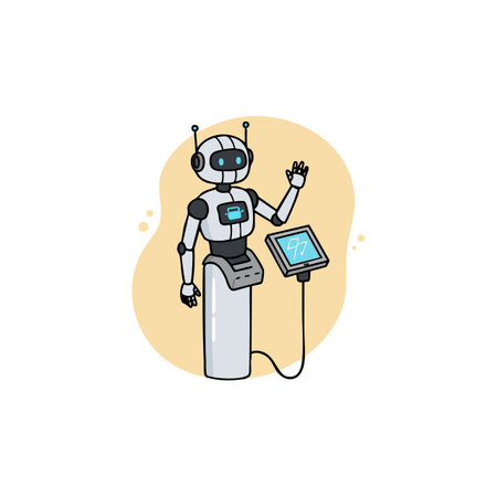 A friendly humanoid robot waves one hand beside a digital display screen, set against a soft orange background, in a welcoming style.のイラスト素材