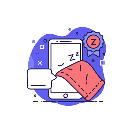 Illustration of a smartphone displaying sleep tracking with a cozy blanket on screen, symbolizing relaxation and restful sleep in a calm style.のイラスト素材