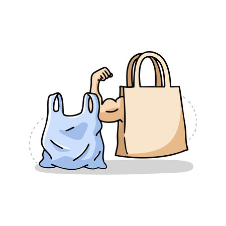 Illustration shows a reusable shopping bag flexing a muscular arm next to a plastic bag, symbolizing strength and environmental care inspiring positive change.のイラスト素材