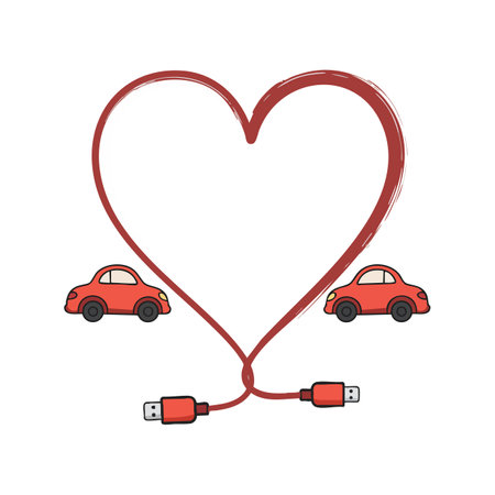 Red USB cables shaped into a heart with two small red cars on each side, symbolizing connection and love, in a simple style. Cheerful mood.のイラスト素材