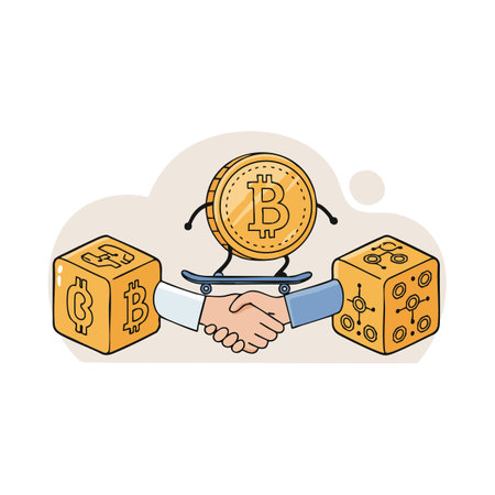 Illustration shows bitcoin coin on skateboard above handshake and blockchain cubes representing cryptocurrency and digital trust, playful mood.のイラスト素材