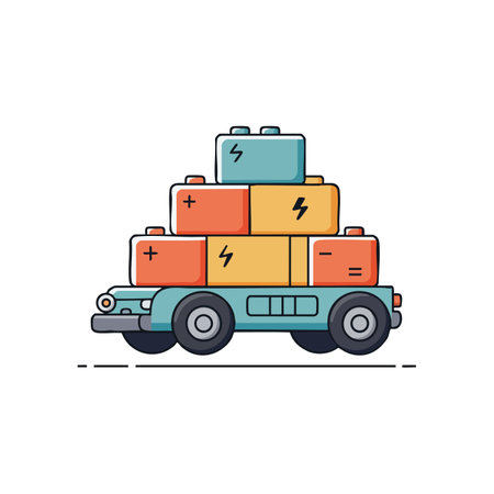 Vector illustration shows an electric car carrying stacked batteries in blue, orange, and red hues with clean lines and minimal style, playful mood.のイラスト素材