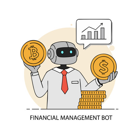 A robot in business attire holds bitcoin and dollar coins while displaying a rising financial graph, representing investment growth and finance trends. Optimistic mood.のイラスト素材