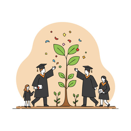 Illustration shows graduates celebrating around a growing plant symbolizing education and development with colorful confetti, conveying an inspiring and hopeful mood.のイラスト素材