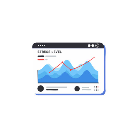 Illustration shows stress level monitoring with blue mountain shapes and a red line trend on a...