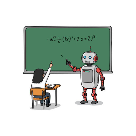 Robot explains math equation on blackboard while student listens and points, showing interaction in modern classroom scene, friendly mood.のイラスト素材