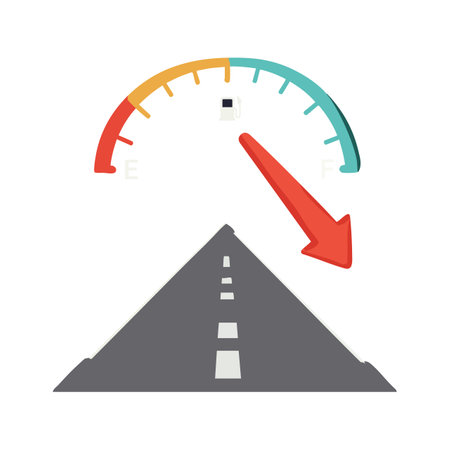Vector illustration shows a fuel gauge with an arrow pointing to empty above a road symbolizing low fuel and travel concern, clear and simple design.のイラスト素材